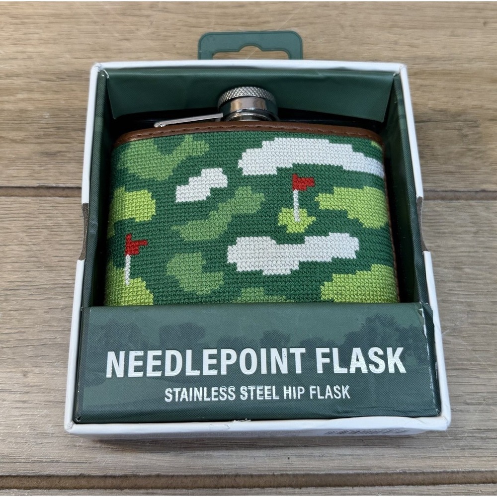 Eastwood Pines Needlepoint Stainless Steel 6 oz Hip Flask Golf Course NIB New